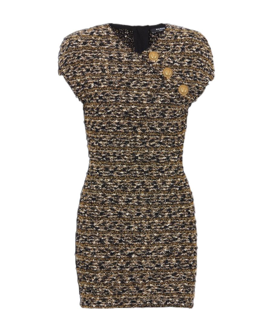 BALMAIN Button-embellished Metallic Bouclé-tweed Mini Dress In Black Gold Product Image