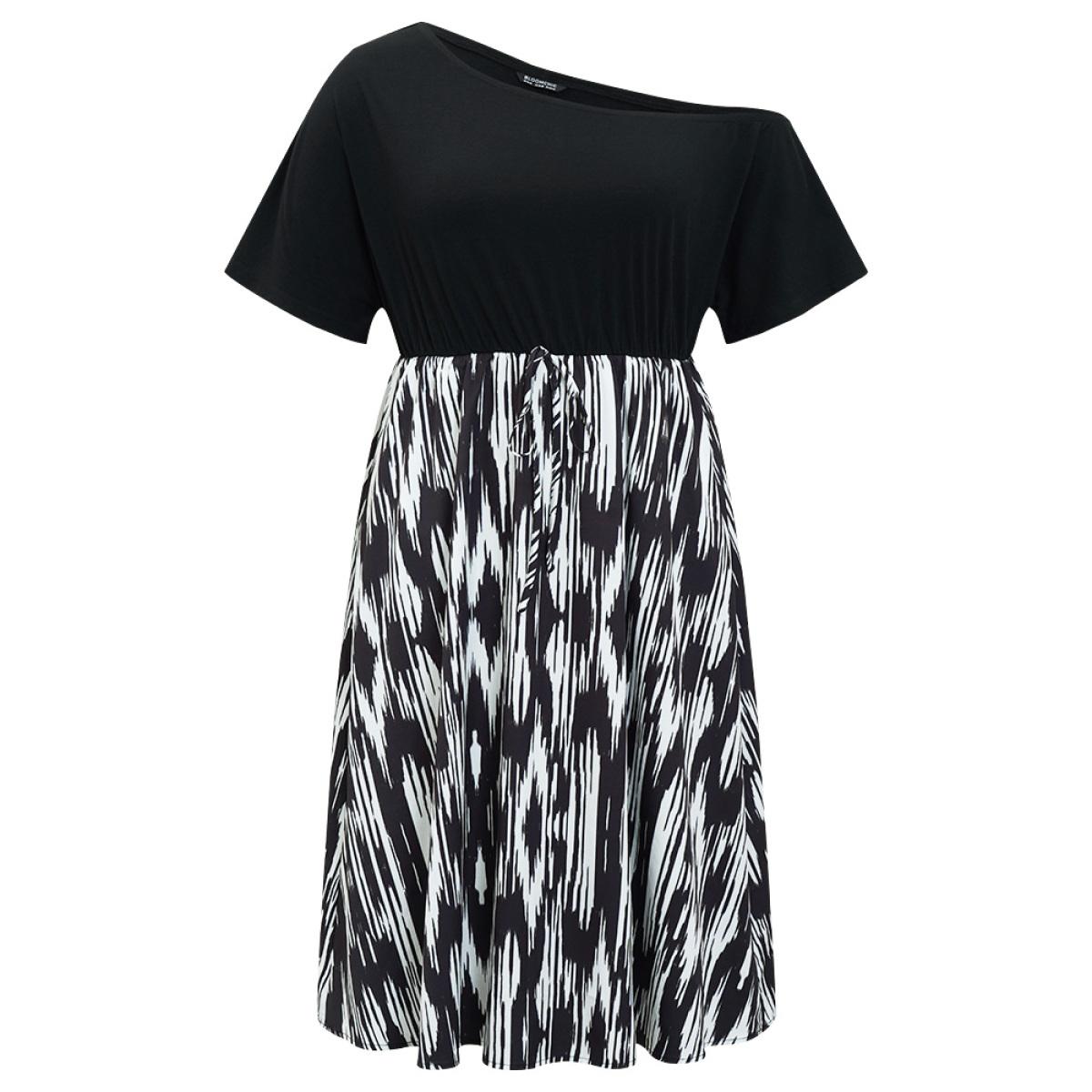 Plus Size Pixel Geometric Patchwork Pocket One Shoulder Dress Black Women Elegant Gathered One Shoulder Short sleeve Curvy Midi Dress BloomChic 14-16/1X Product Image