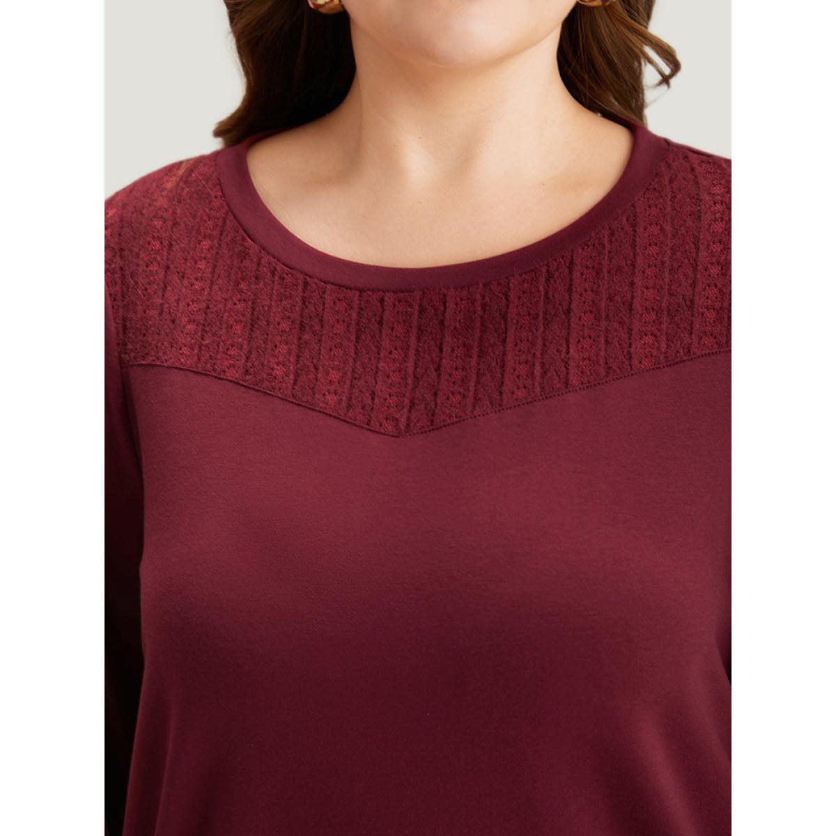 Plus Size Plain Eyelet Lace Crew Neck Sweatshirt Women Burgundy Elegant Elastic cuffs Round Neck Dailywear Sweatshirts BloomChic 26/4X Product Image