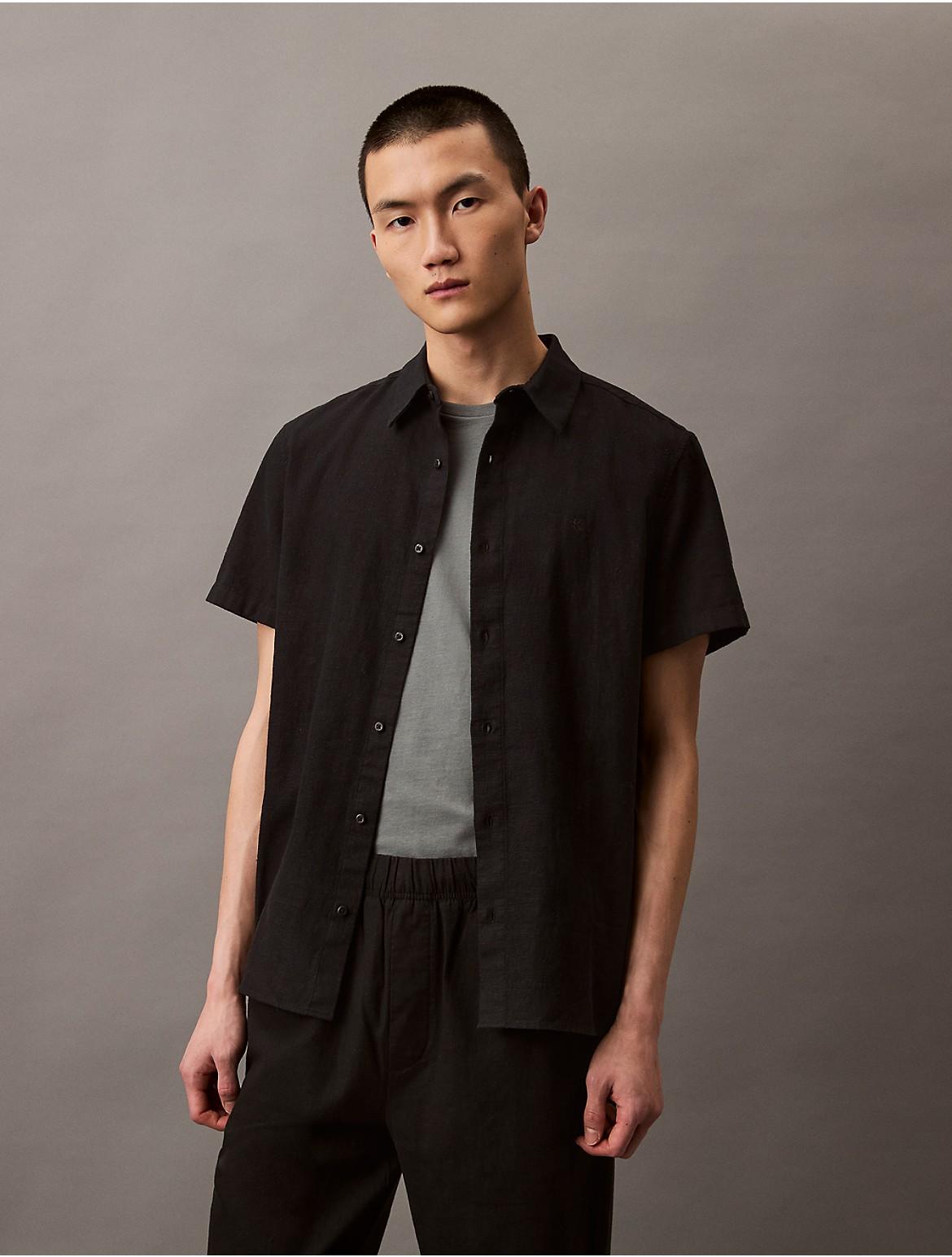 Calvin Klein Mens Linen Cotton Short Sleeve Classic Button-Down Shirt - White Product Image