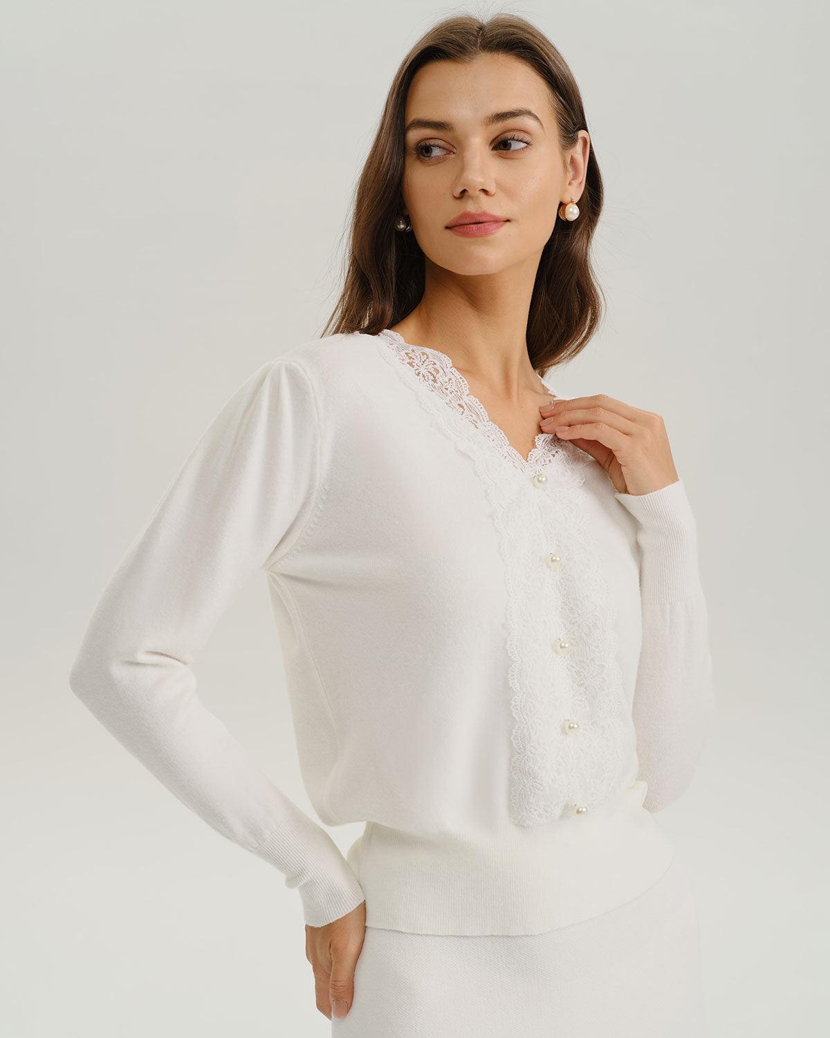 White V Neck Pearl Button Sweater Product Image