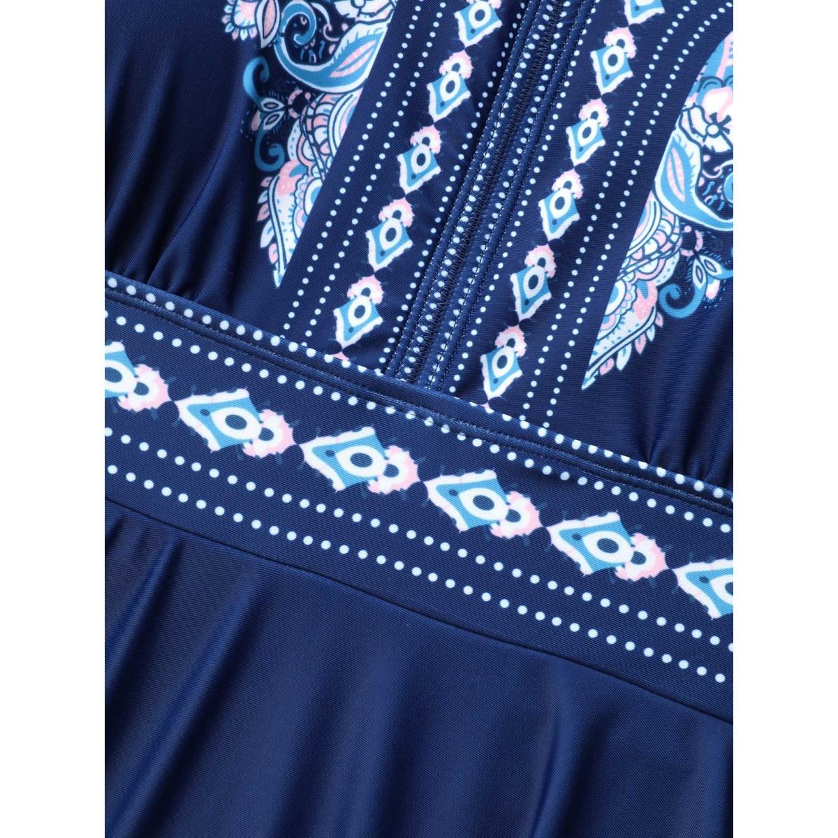 Plus Size Boho Print Halter Neck Swim Dress Women's Swimwear Mediumblue Beach Bodycon V-neck High stretch Curve Swim Dresses BloomChic 14-16/1X Product Image