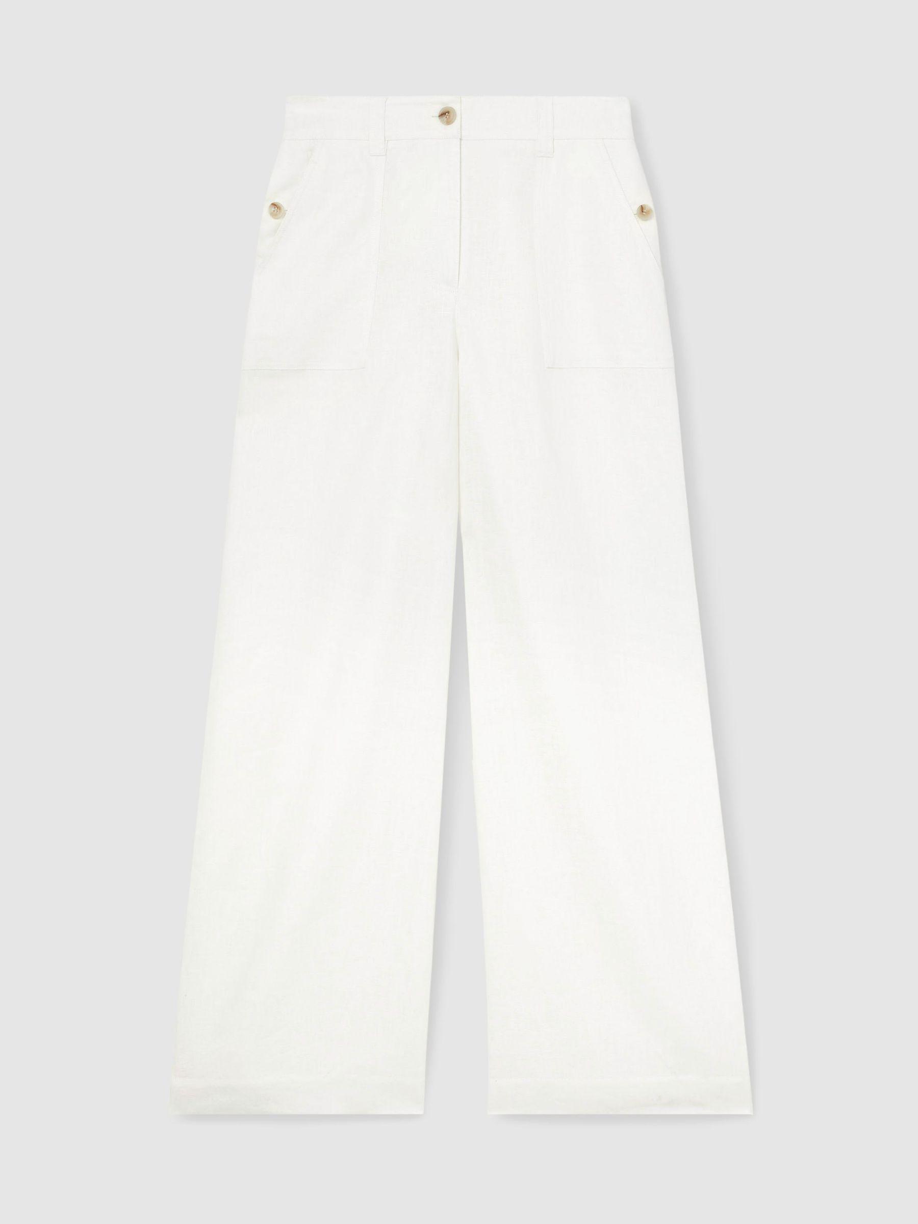 Linen Wide-Leg Trousers in White Product Image