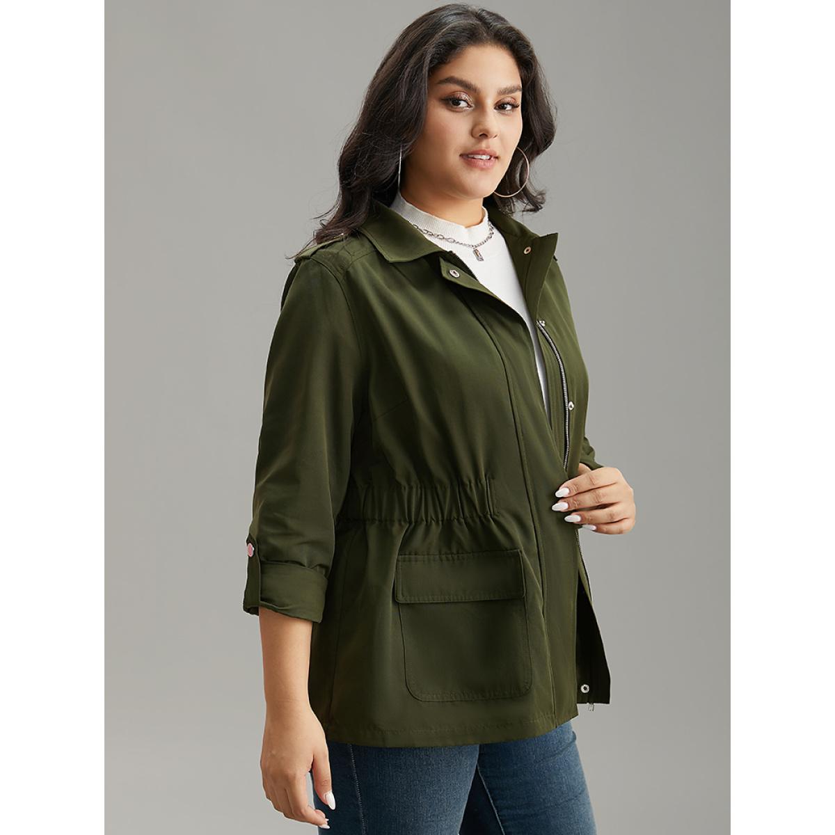 Plus Size Solid Elastic Waist Zipper Fly Flap Pocket Coat Women Cyan Casual Plain Ladies Dailywear Winter Coats BloomChic 18-20/2X Product Image