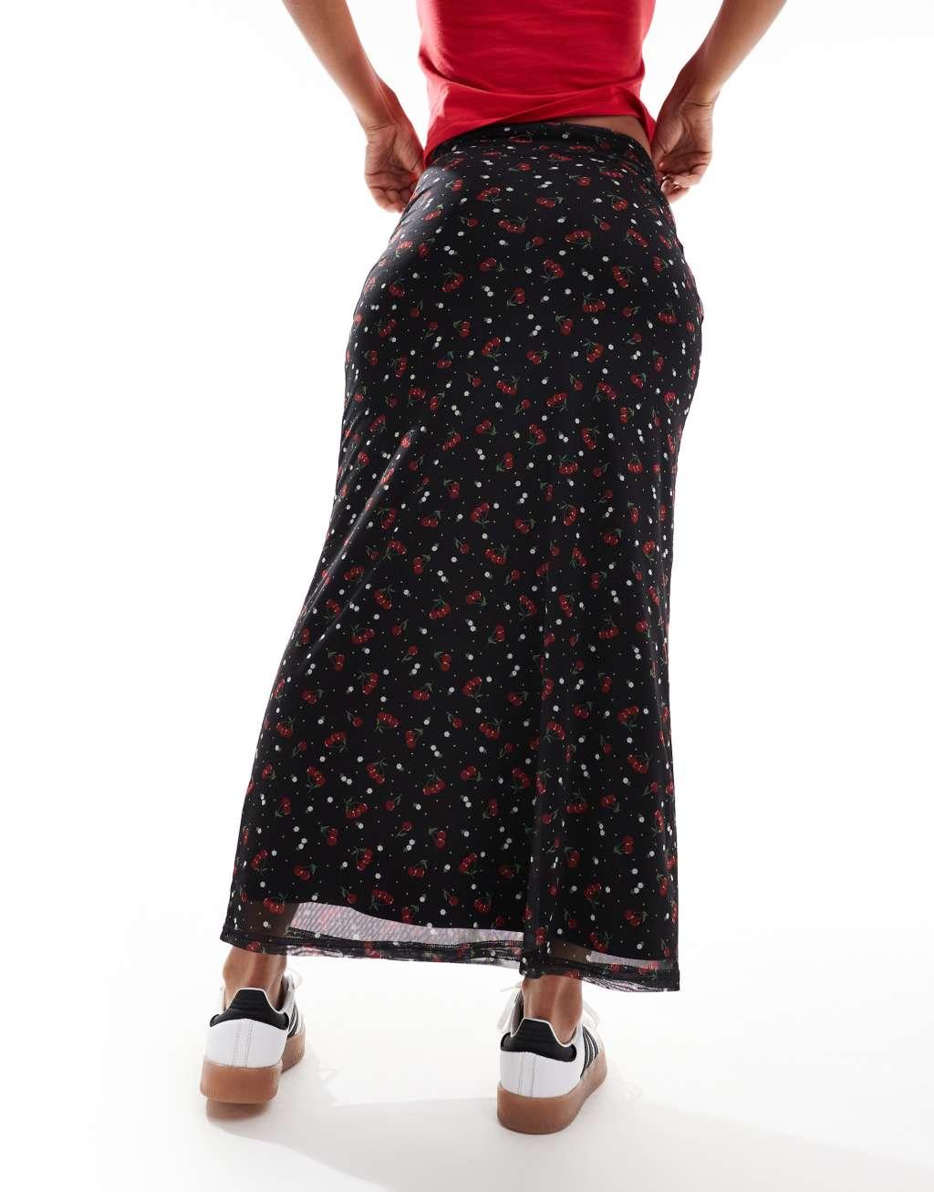 Daisy Street maxi skirt in mesh cherry print Product Image