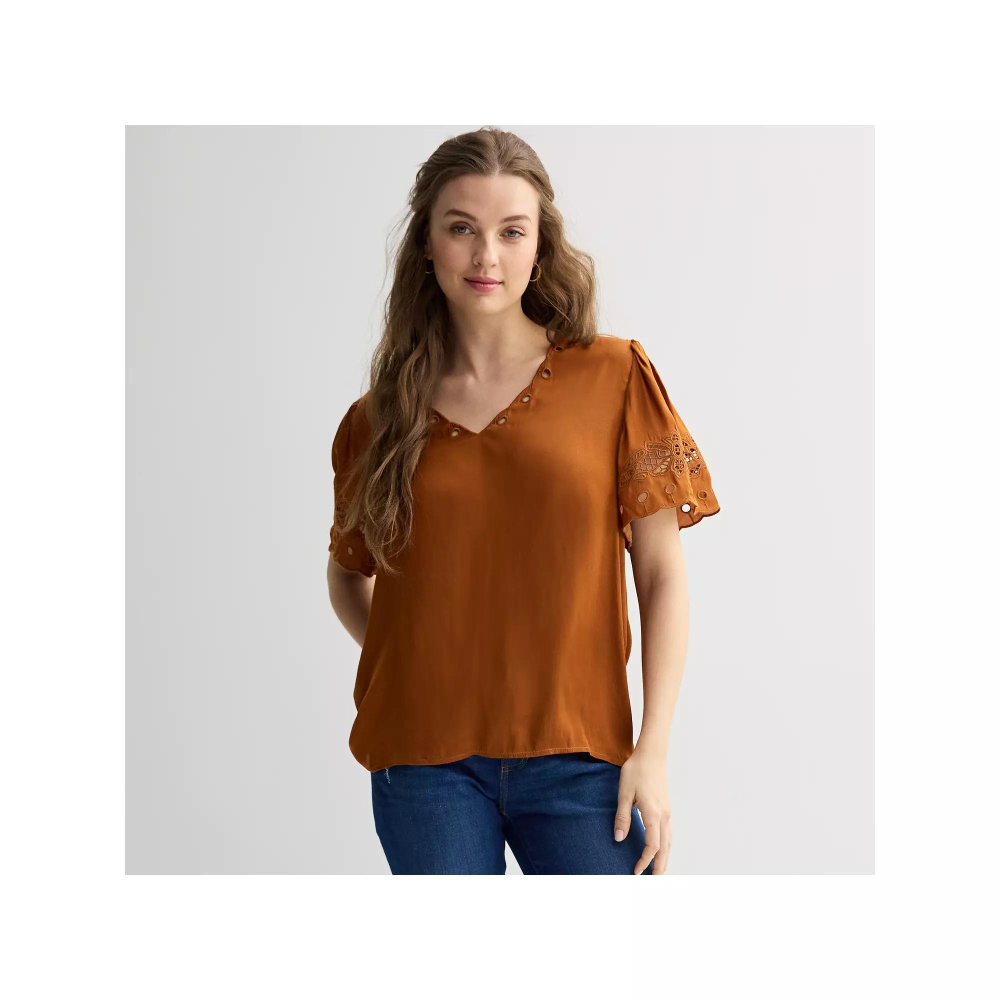 Women's Chelsea & Theodore Short Sleeve V-Neck Eyelet Blouse, Size: Small, Caramel Brown Product Image