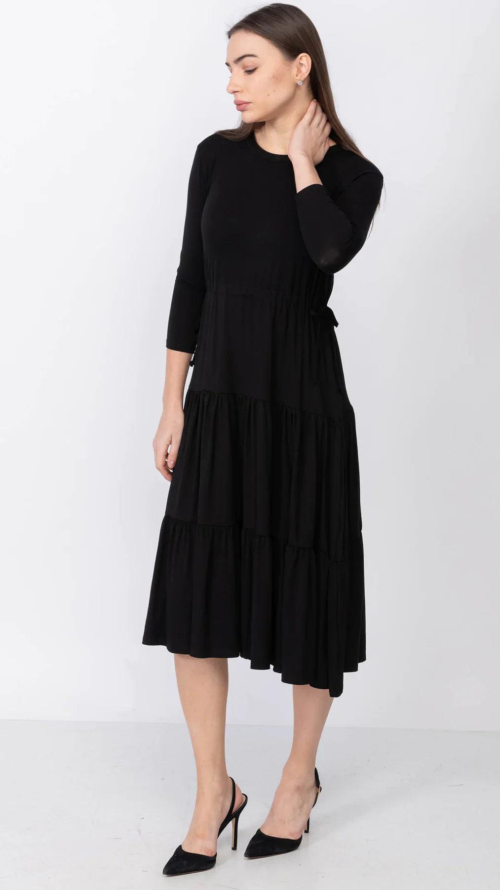 Tiered Drawstring Dress - Black Product Image