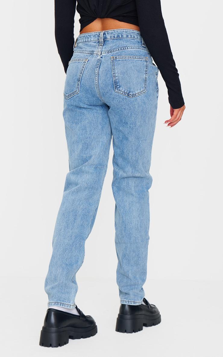 Light Blue Wash Asymmetric Waistband Long Straight Leg Jeans Product Image