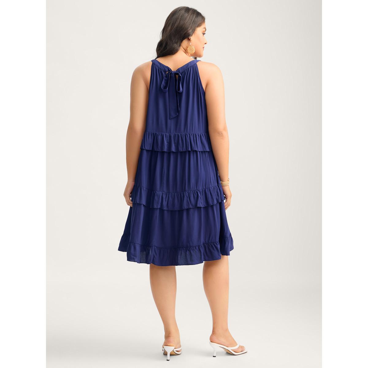 Plus Size Ruffled Tiered A-Line Tie Midi Dress DarkBlue Women Round Neck Sleeveless Curvy BloomChic 22-24/3X Product Image