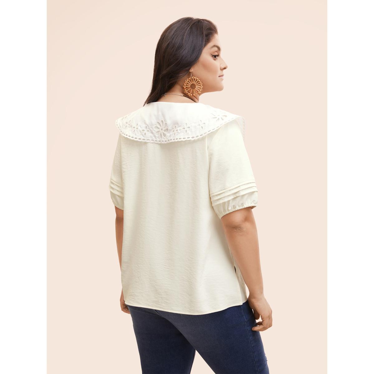 Plus Size Ivory Lace Collar Lantern Sleeve Pleated Blouse Women Resort Short sleeve Lace collar Vacation Blouses BloomChic 30/6X Product Image