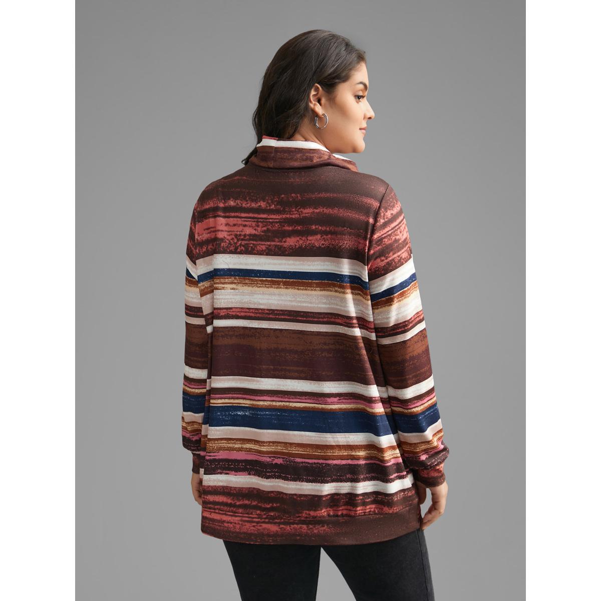 Plus Size Striped Patched Pocket Drawstring Sweatshirt Women Multicolor Casual Drawstring Loose Ruffled collar Everyday Sweatshirts BloomChic 10/M Product Image