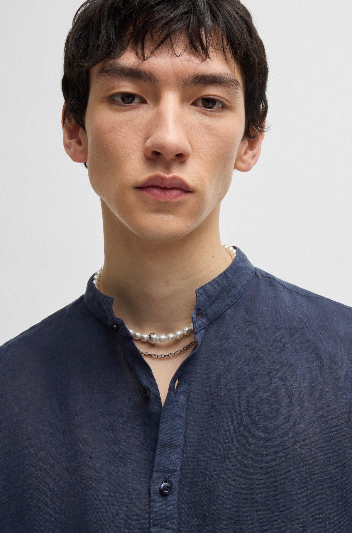 Slim-fit linen shirt with stand collar Product Image