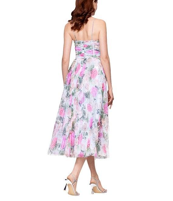 Betsy & Adam Petite Size Floral Print Tulle Pleated Midi Dress Product Image