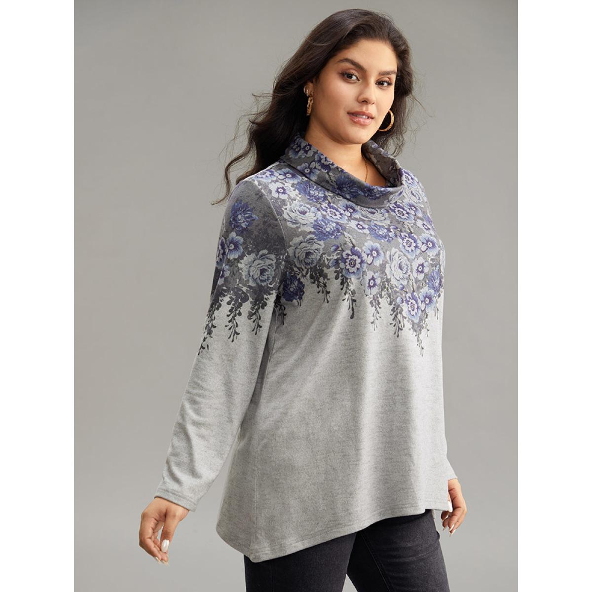Plus Size Boho Print Mock Neck T-shirt Gray Women Casual Plain Floral Mock Neck Dailywear T-shirts BloomChic 12/L Product Image