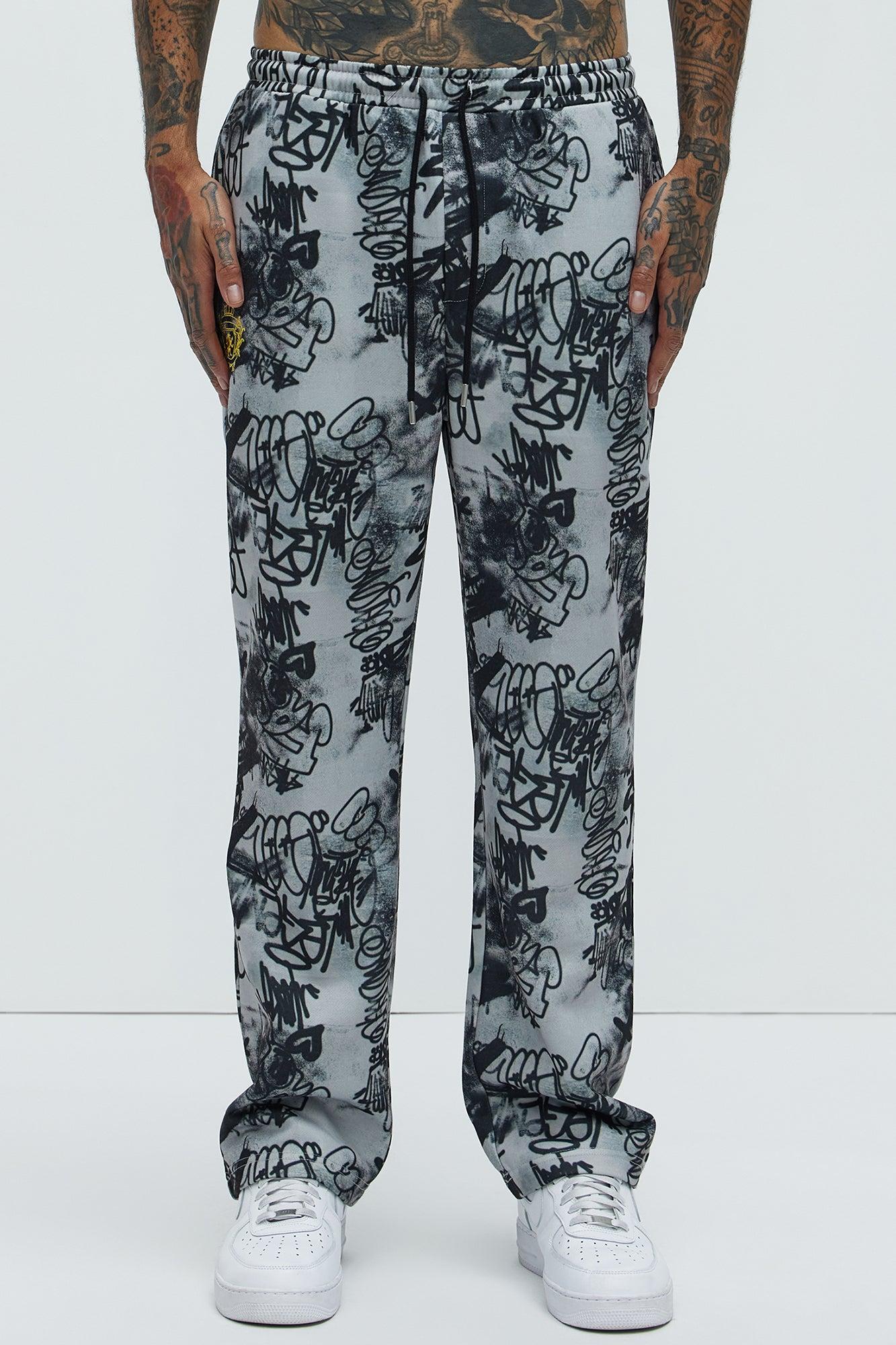 Vandal Straight Graffiti Sweatpants - Grey Product Image