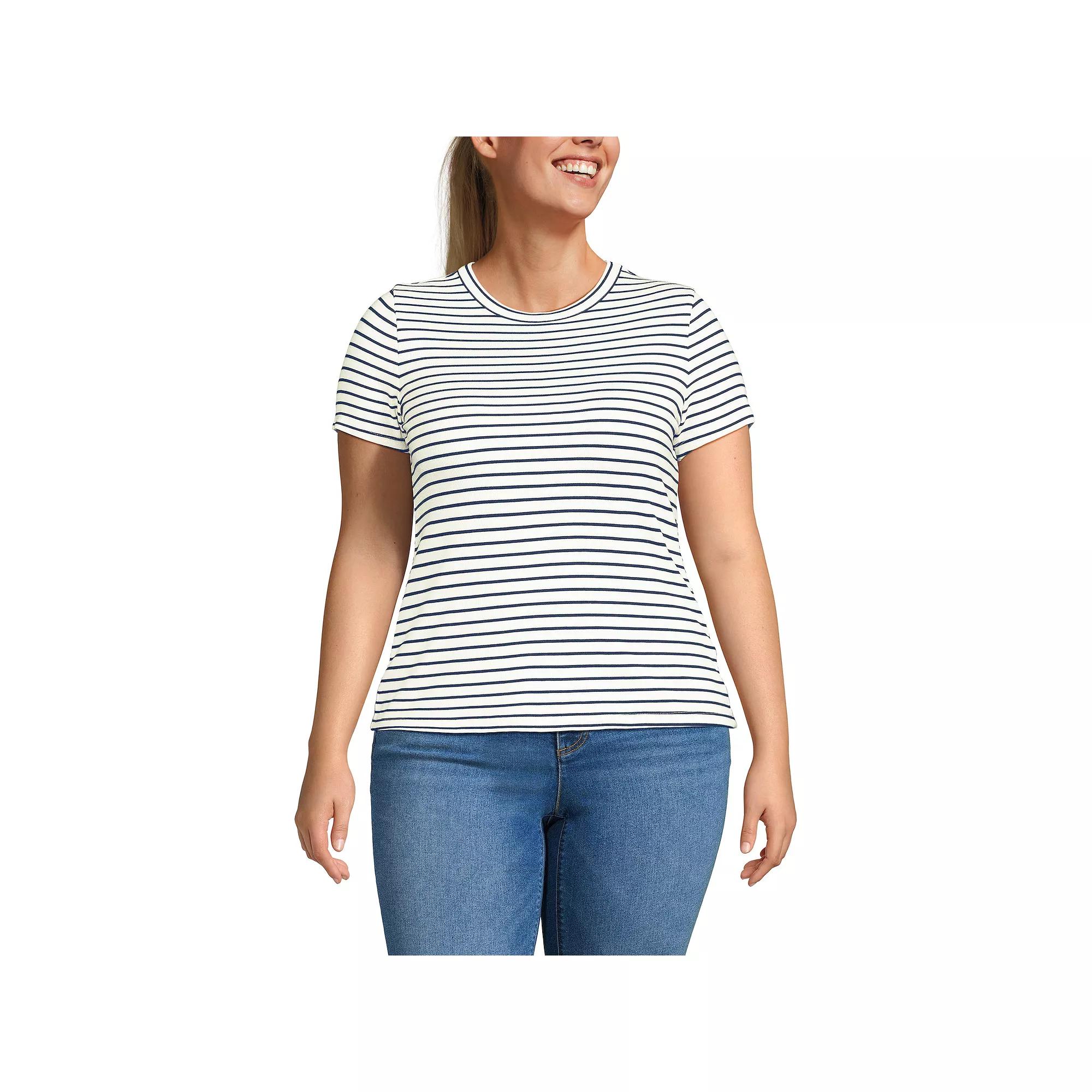 Plus Size Lands' End Drapey Rib Fitted Short Sleeve Mini T-Shirt, Women's, Size: 1XL, Ivory Navy Stripe Product Image