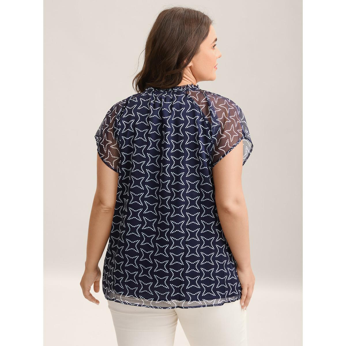 Plus Size Indigo Polka Dot Mock Neck Mesh Patchwork Blouse Women Workwear Essentials Cap Sleeve Round Neck Work Blouses BloomChic 12/L Product Image