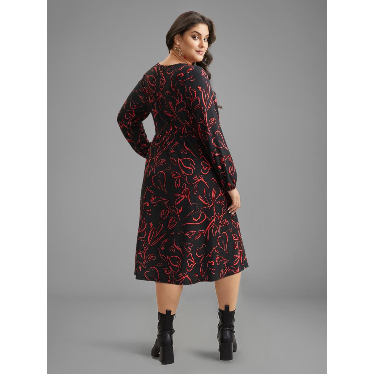 Plus Size Floral Knit Round Neck Midi Dress BlackFlower Women Casual Non Party Curvy Bloomchic 22-24/3X Product Image