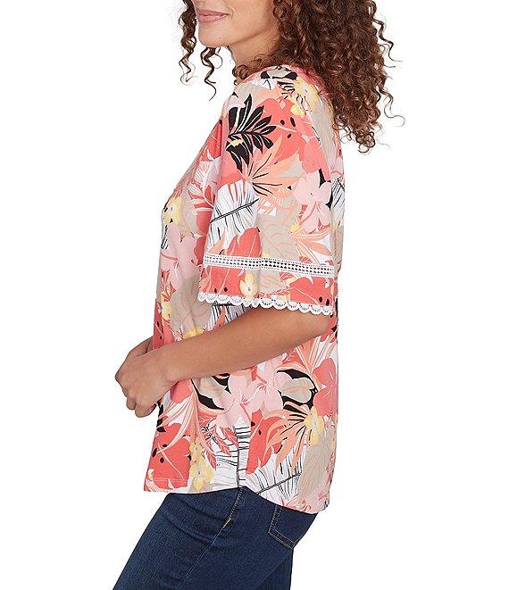 Ruby Rd. Petite Size Knit Tropical Paradise Print Crew Neck Short Sleeve Top Product Image