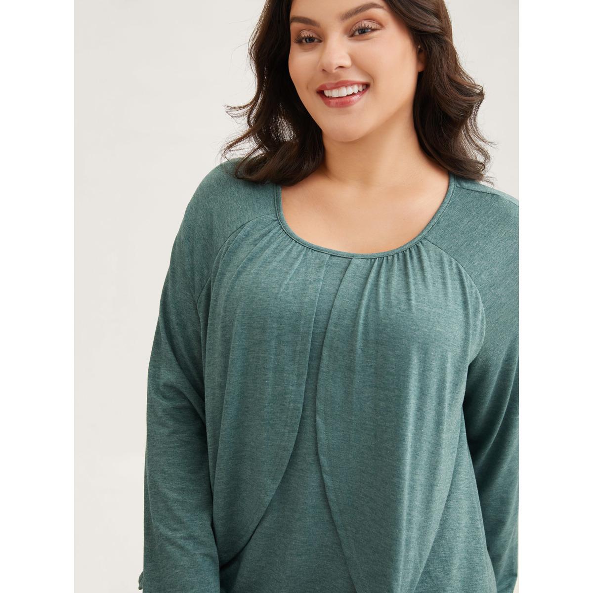 Plus Size 2-In-1 Gathered Ruffle Trim T-Shirt Teal Women Timeless Gathered Round Neck Elegant T-shirts BloomChic 12/L Product Image