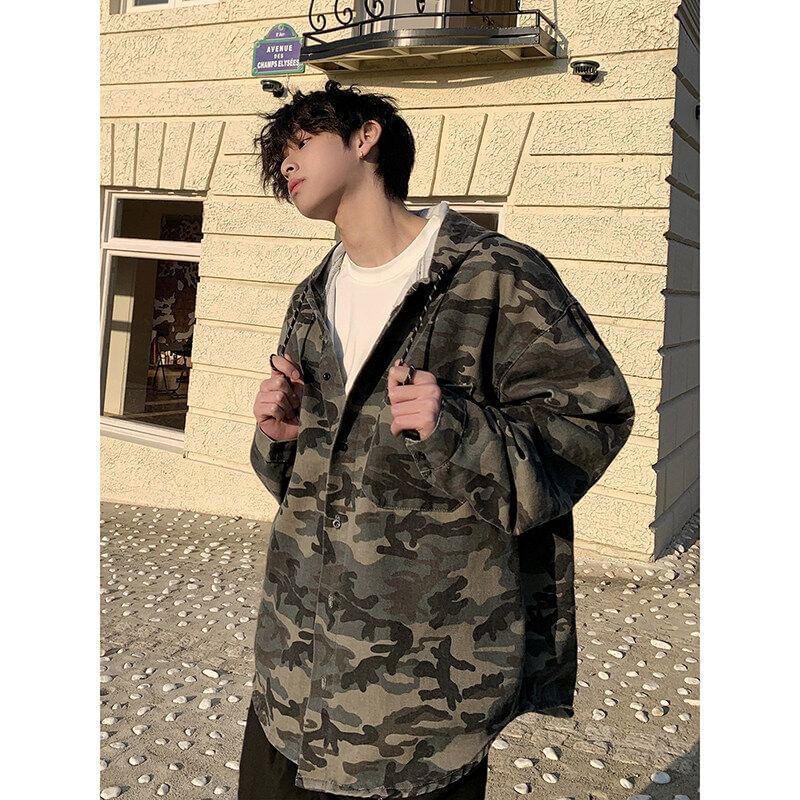 Drop Shoulder Hooded Washed Denim Shirt Jacket Product Image