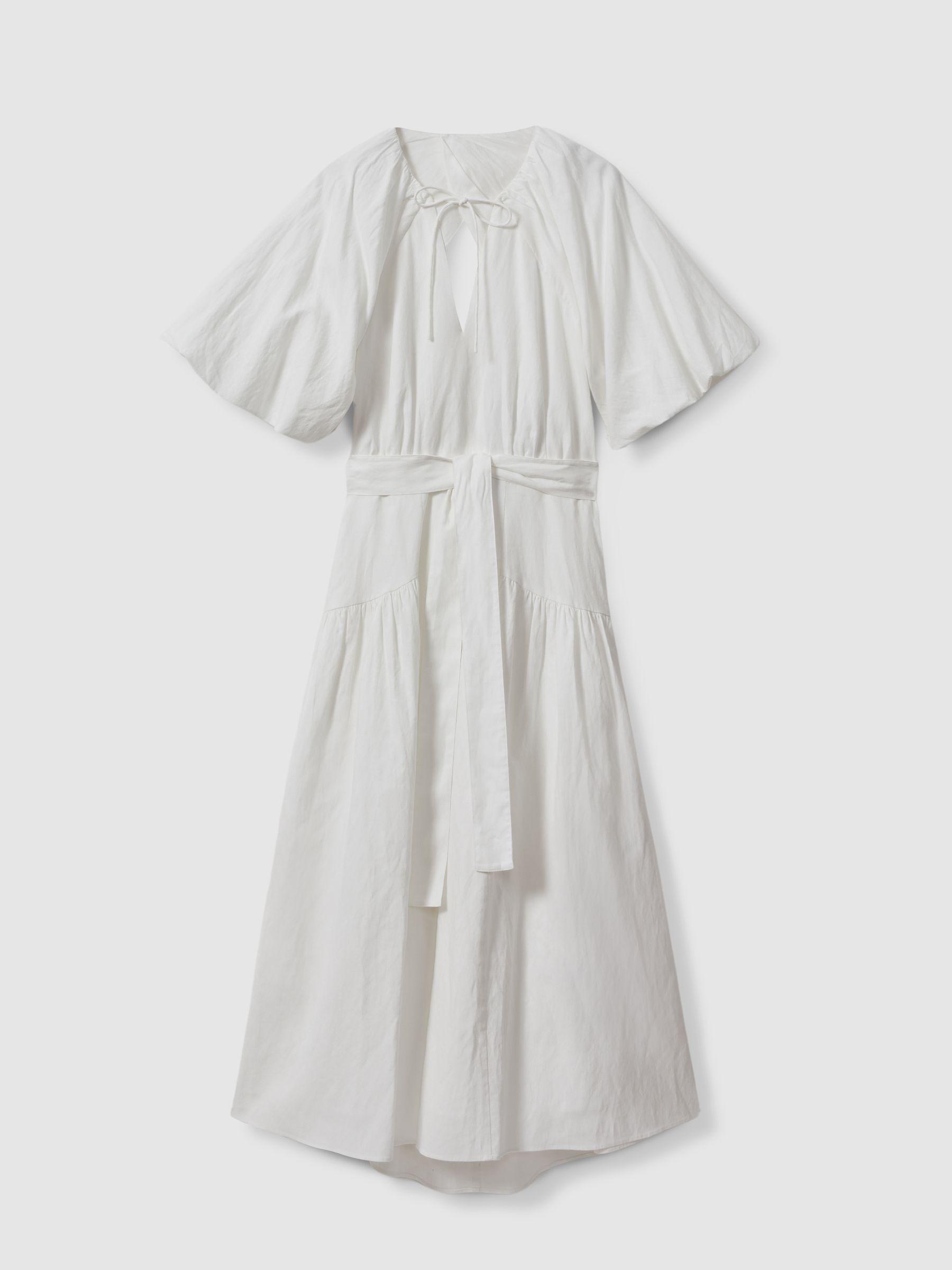 Lyocell Blend Puff Sleeve Midi Dress in White Product Image