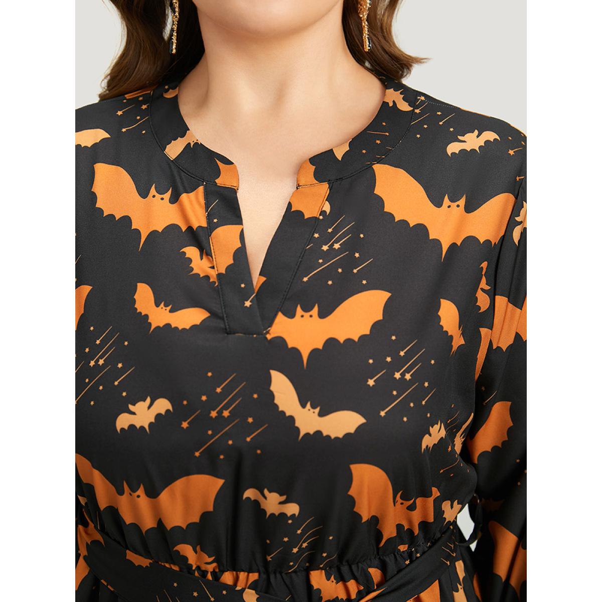 Plus Size Halloween Bat Print Notched Belted Pocket Dress Black Women Office Elastic cuffs Notched collar Elbow-length sleeve Curvy Midi Dress BloomChic 22-24/3X Product Image