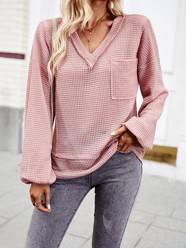 Long Sleeves Loose Elasticity Pockets Solid Color Split-Joint V-Neck T-Shirts Tops Product Image