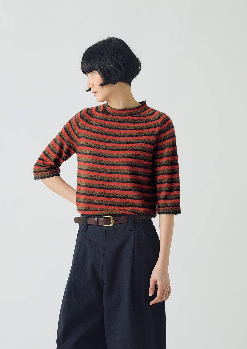 Stripe Wool Cashmere Half Sleeve Sweater | Red Multi Product Image
