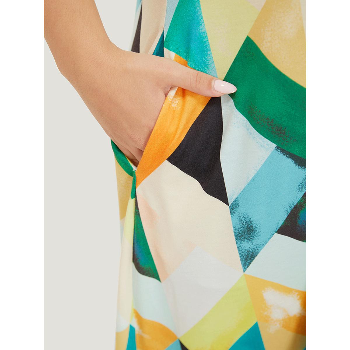 Plus Size Geometric Print Ruffles Pocket Spaghetti Strap Dress Multicolor Women Elegant Adjustable Straps Spaghetti Strap Sleeveless Curvy Midi Dress BloomChic 12/L Product Image