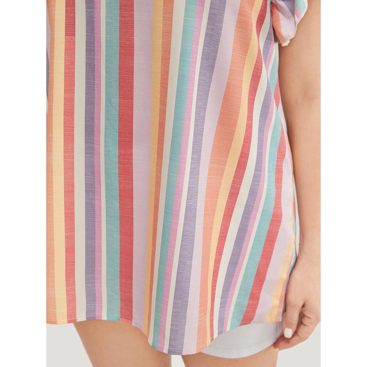 Plus Size Multicolor Striped Contrast Pleated Cap Sleeve Keyhole Frill Trim Blouse Women Vacation Cap Sleeve Mock Neck Dailywear Blouses BloomChic 22-24/3X Product Image