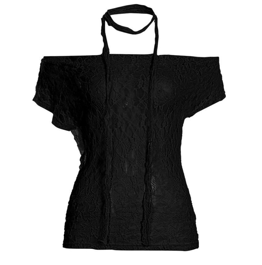 Set: Short-Sleeve Off-Shoulder Lace Top + Thin Scarf Product Image