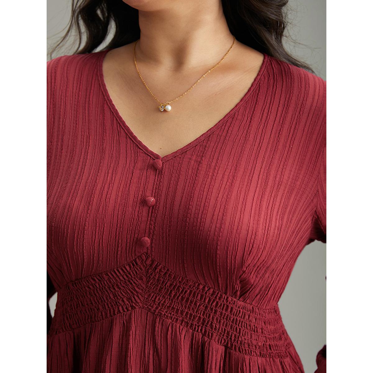 Plus Size Solid Plisse Button Detail Shirred Dress Scarlet Women Elegant Elastic cuffs V-neck Long Sleeve Curvy Midi Dress BloomChic 22-24/3X Product Image