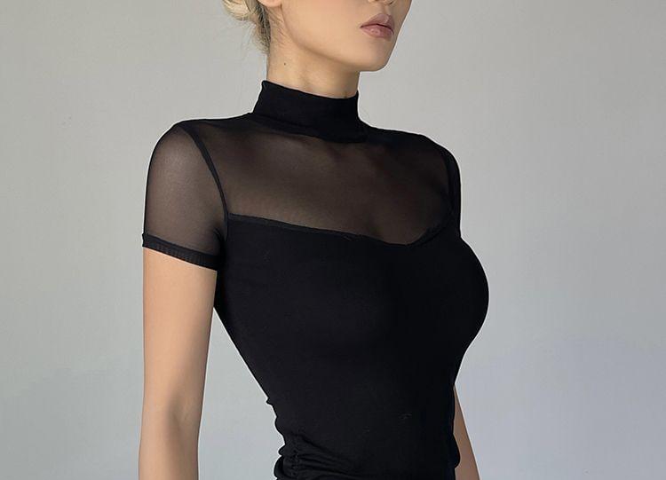 Short-Sleeve High Neck Mesh Panel Shirred Mini Bodycon Dress Product Image
