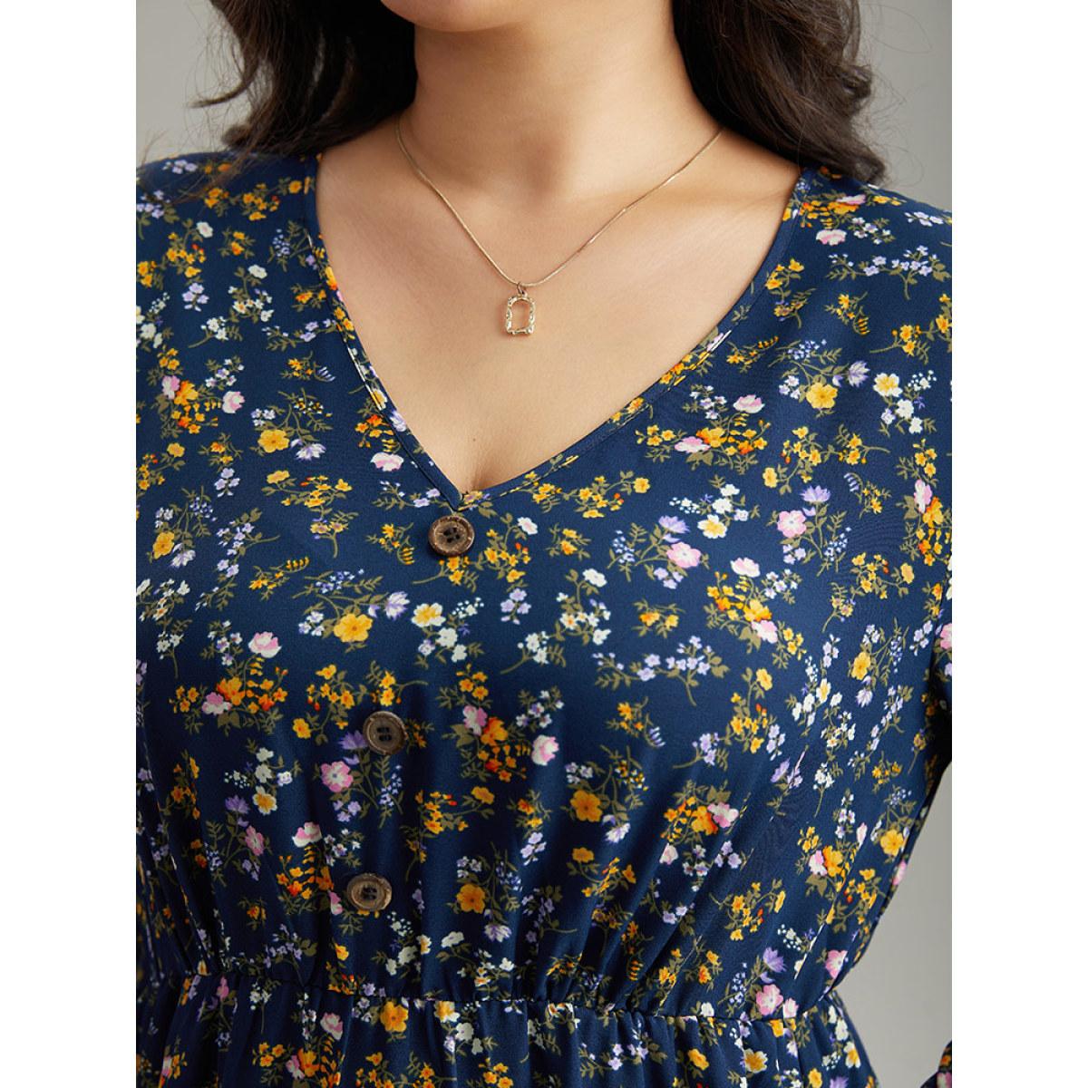 Plus Size Ditsy Floral Button Detail Ruffles Pocket Dress Navy Women Office Printed V-neck Long Sleeve Curvy Midi Dress BloomChic 14-16/1X Product Image