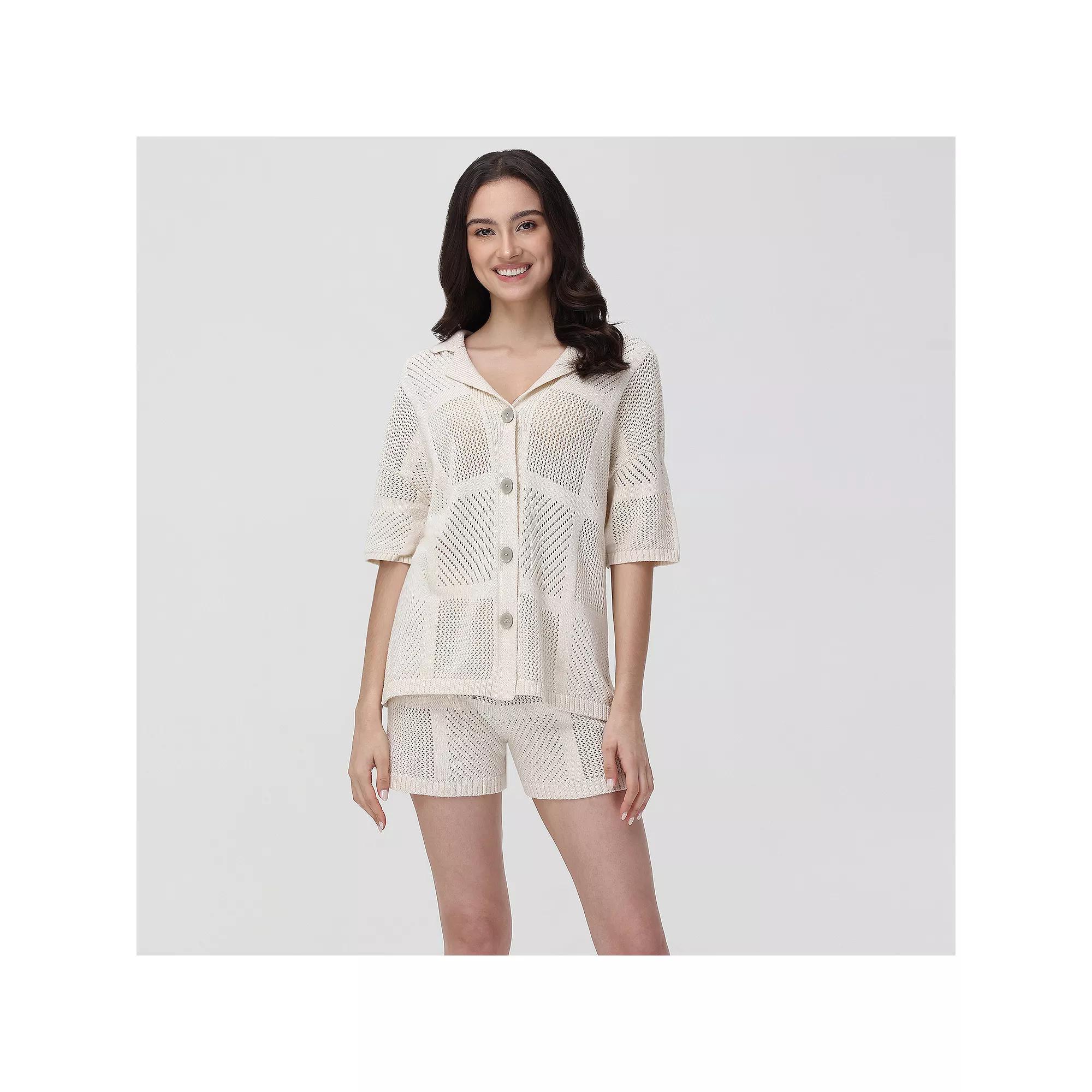 Women's Adyson Parker Notchneck Short Sleeve Woven Pointelle Pajama Shirt & Pajama Shorts, Girl's,  Product Image