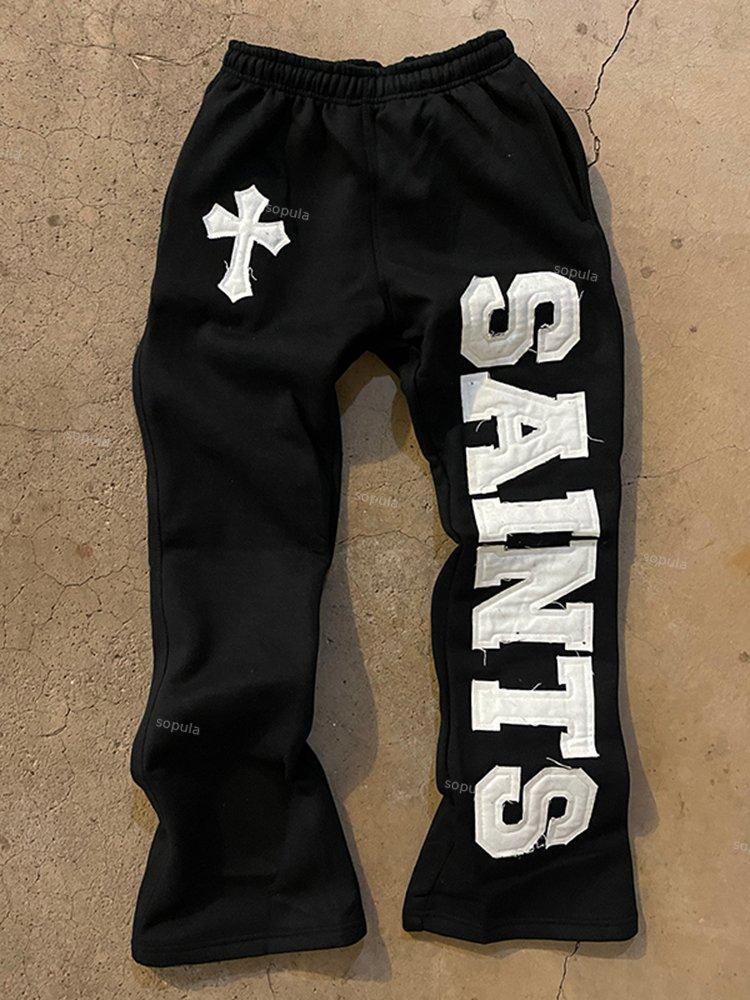 Vintage Saint Print Casual Flared Sweatpants Product Image