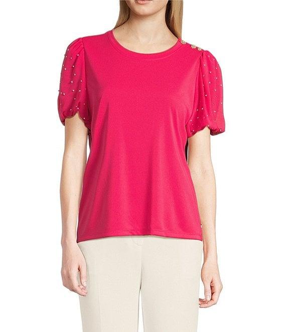 KARL LAGERFELD PARIS Mixed Media Crew Neck Short Puff Sleeve Embellished Top Product Image