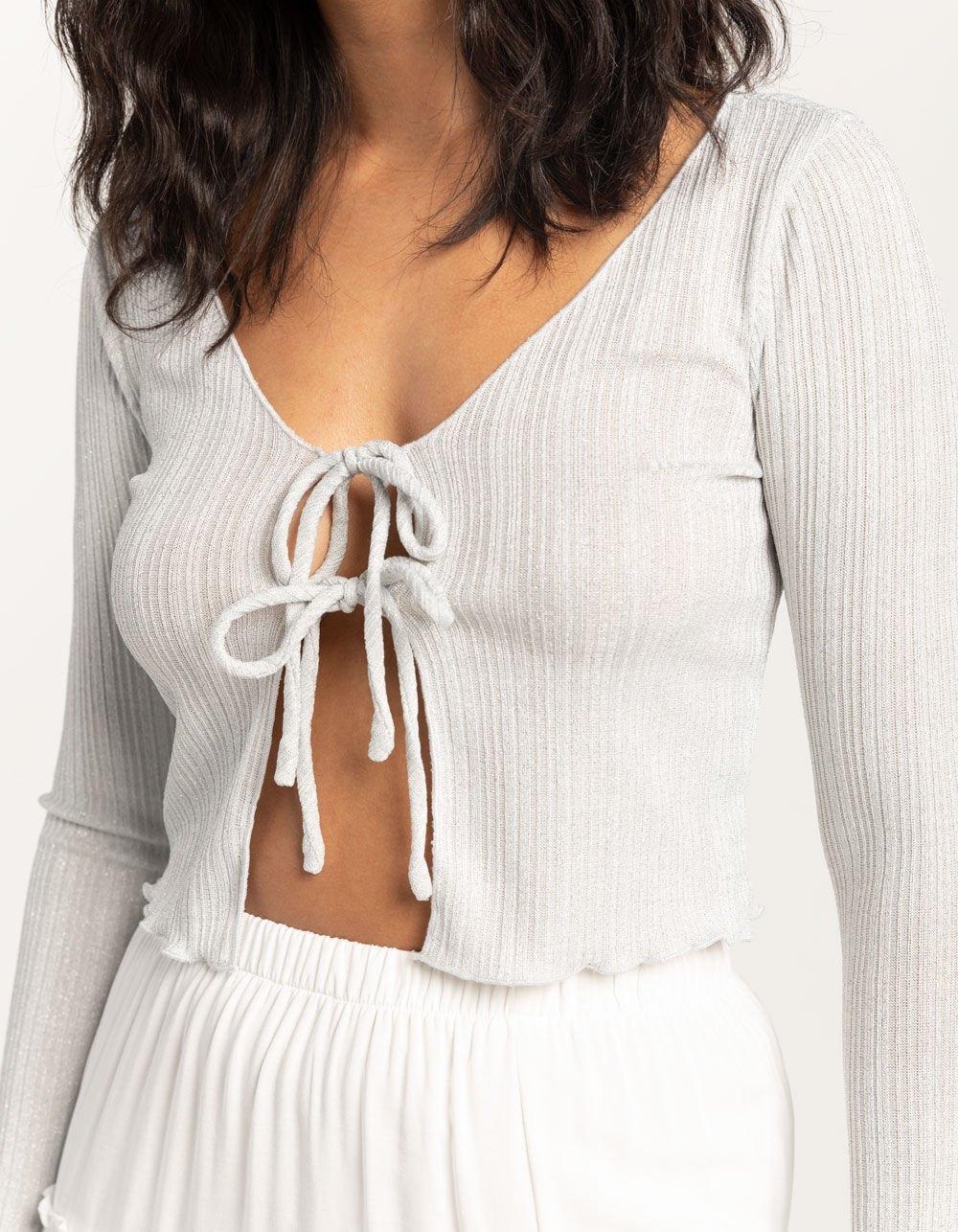 RSQ Womens Tie Front Lurex Cardigan - SILVER Product Image