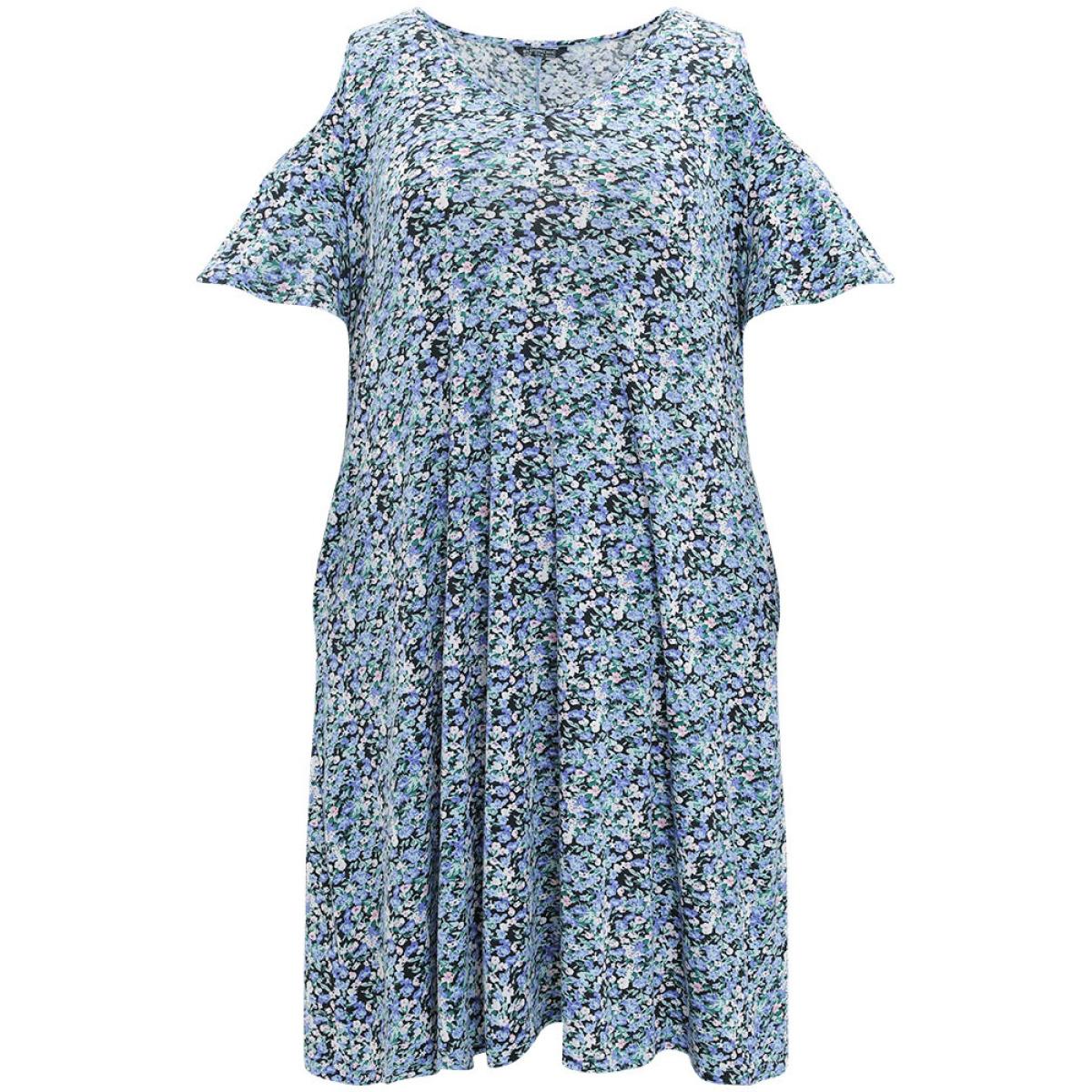 Plus Size Ditsy Floral Pocket Cold Shoulder Dress Blue Women Casual Cut-Out V-neck Short sleeve Curvy Midi Dress BloomChic 26/4X Product Image