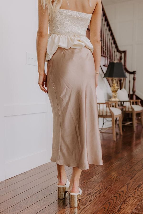 The Adeline High Waist Satin Midi Skirt in Taupe Product Image