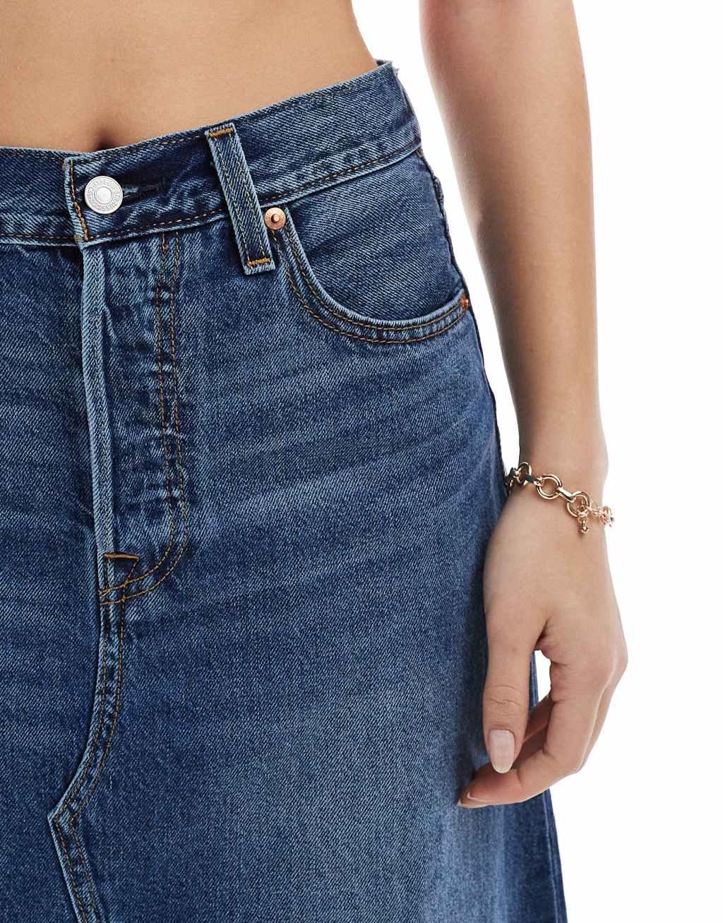 Levi's high rise a-line deconstructed long denim skirt in mid blue  Product Image