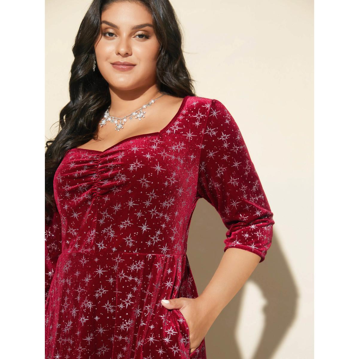 Plus Size Embossed Velvet Sweetheart Neckline Midi Dress Burgundy Women Cocktail Texture Heart neckline Elbow-length sleeve Curvy BloomChic 12/L Product Image
