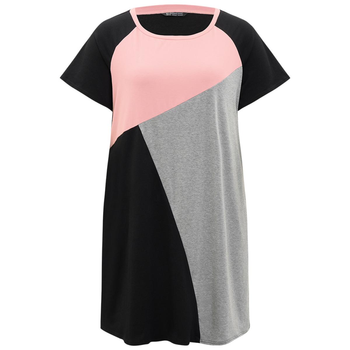 Plus Size Supersoft Essentials Colorblock Contrast Round Neck Raglan Sleeve Dress Black Women Casual Patchwork Round Neck Short sleeve Curvy Midi Dress BloomChic 18-20/2X Product Image