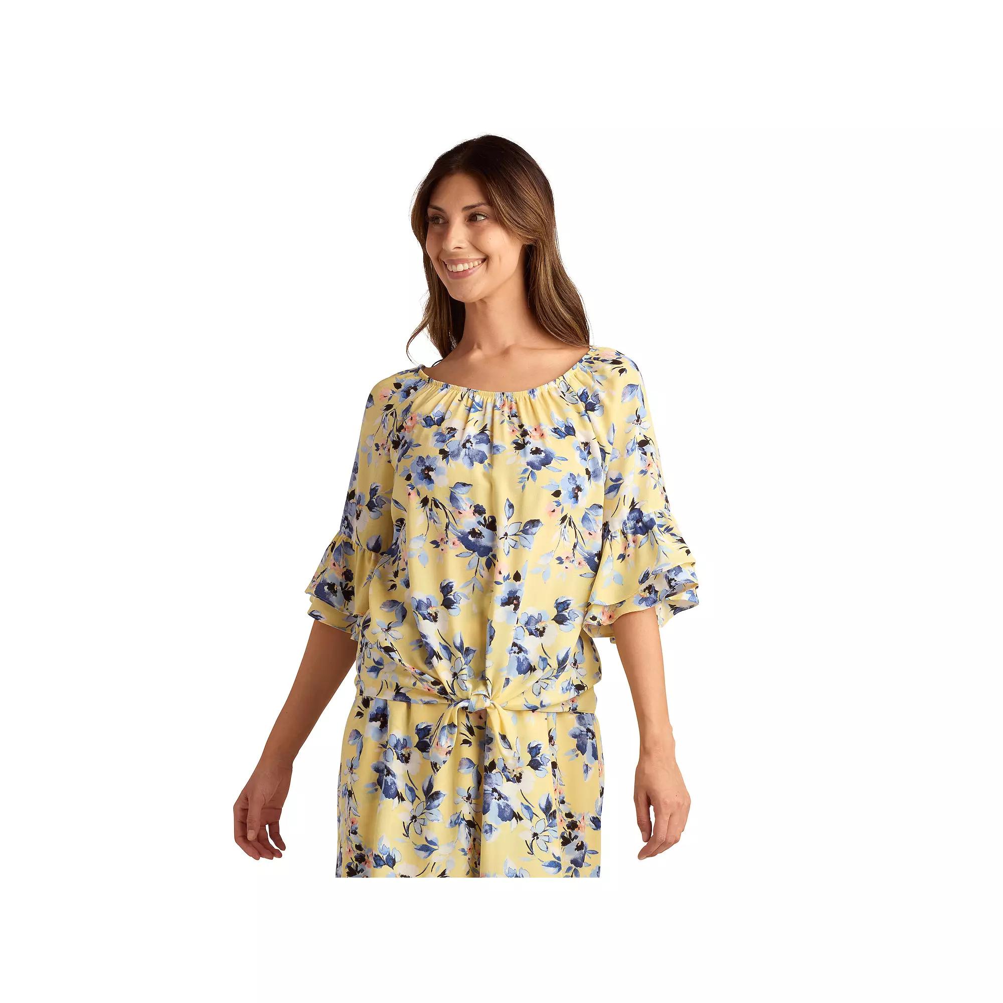 Women's AB Studio Flounce Sleeve Tie Hem Peasant Top,  Product Image