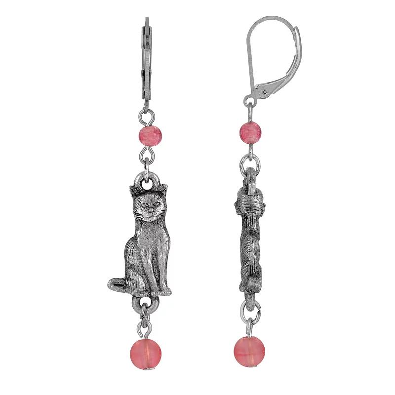 1928 Silver Tone Pink Beaded Cat Drop Earrings, Womens Product Image