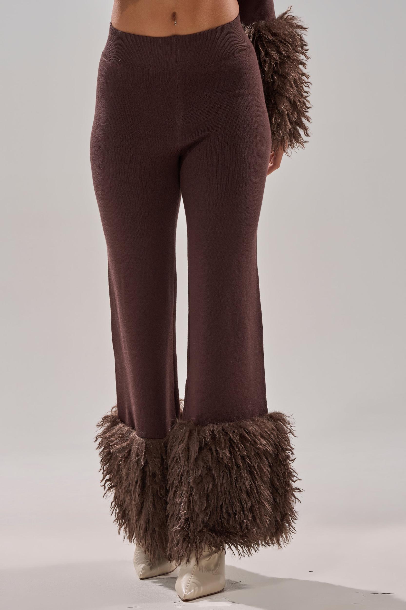 COZY VIBES SWEATER PANT WITH FUR CUFF IN BROWN Product Image