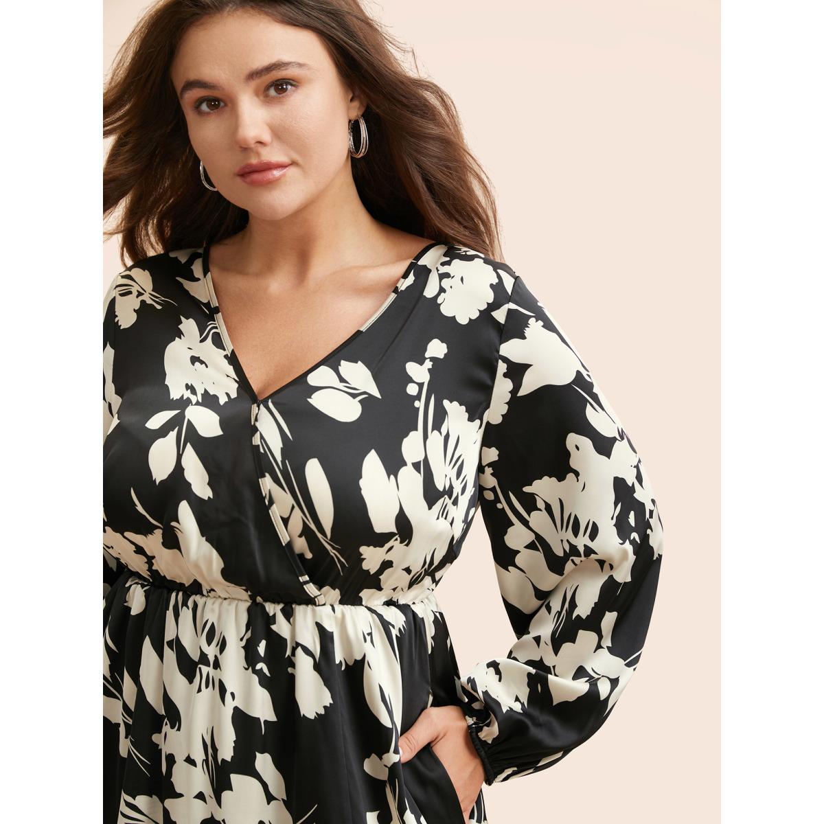 Plus Size Overlap Collar Silhouette Floral Print Gathered Dress Black Women Elegant Slit Overlap Collar Long Sleeve Curvy BloomChic 26/4X Product Image