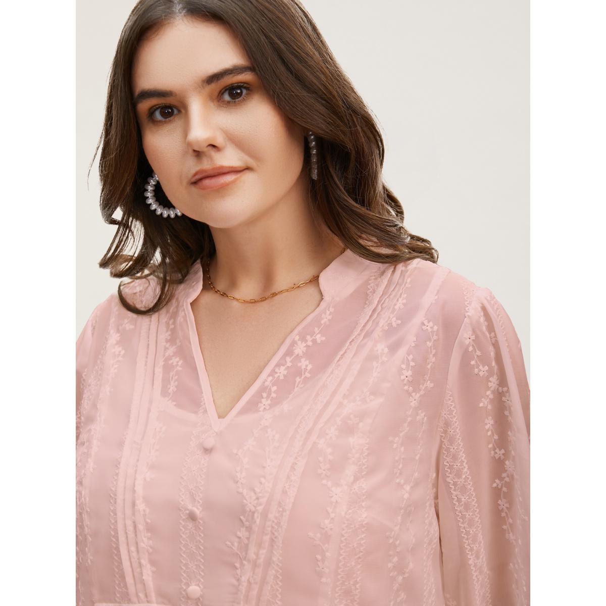 Plus Size Lightpink Texture Mesh Button Detail Tucked Seam Blouse Women Timeless Elbow-length sleeve V-neck Elegant Blouses BloomChic 30/6X Product Image