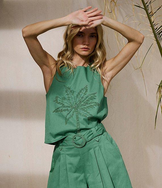 CIEBON Petite Size Berit Embroidered Palm Tree Crew Neck Sleeveless Coordinating Twill Top Product Image